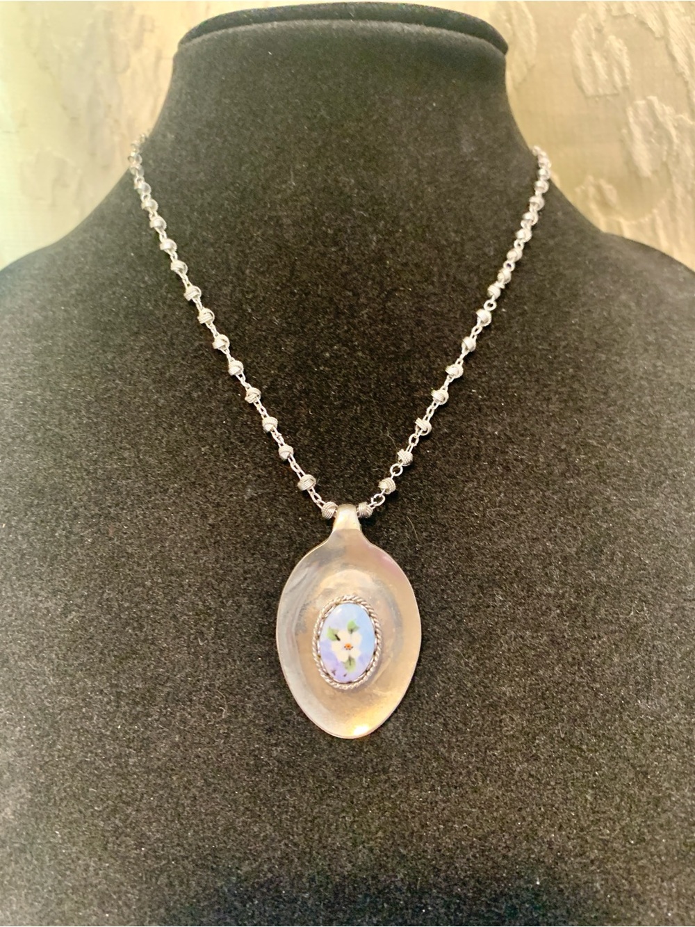 Sterling Silver Spoon Pendant Necklace with Blue Ceramic Floral